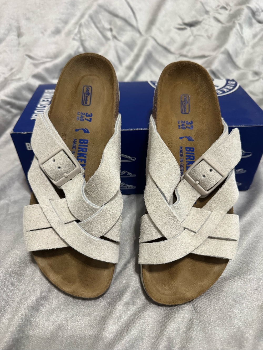 Birkenstock Off-White Suede Crisscross Slide Sandals